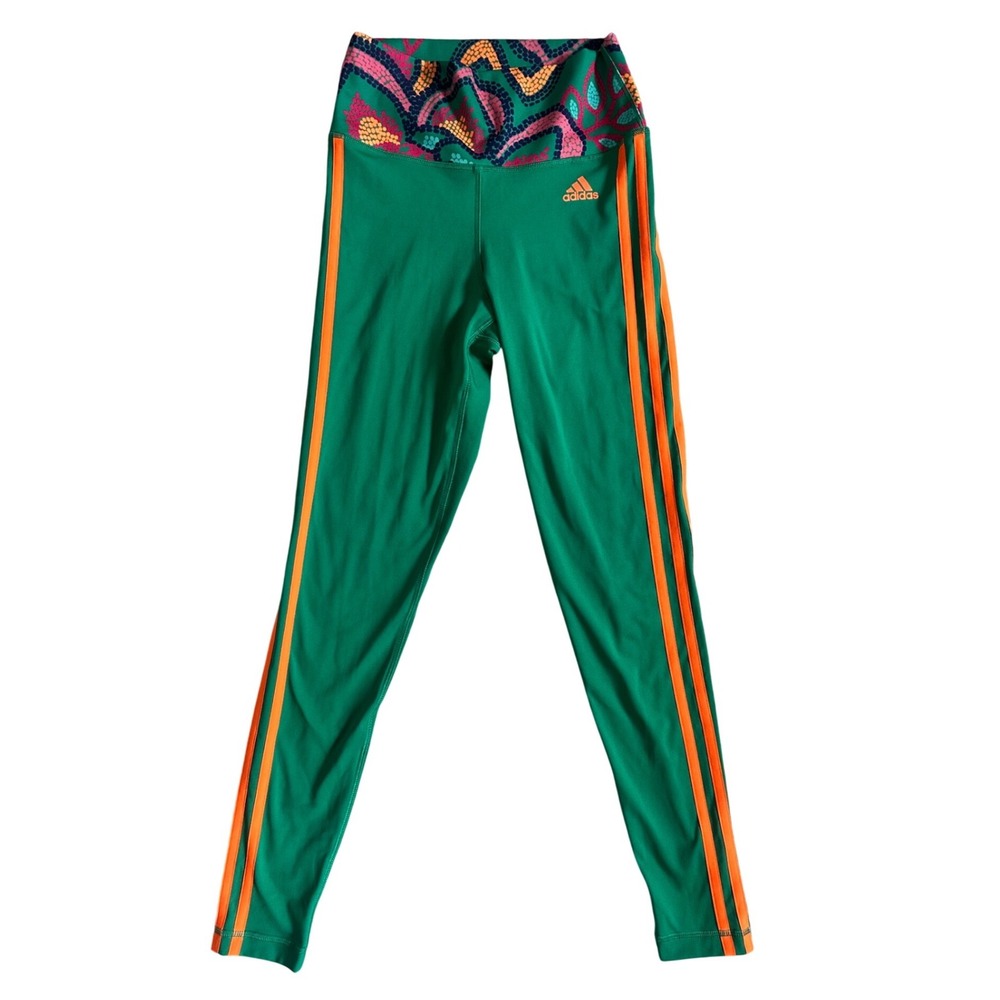 Adidas Womens Green Orange 3-Stripe High Rise Abstract Waist Leggings Size S